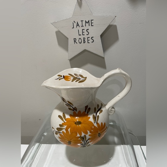 Handmade Other - Vintage Handmade White Ceramic Creamer with Orange Floral Design - RARE!